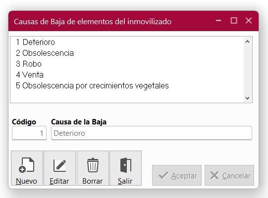 Ventana Causas de Baja de elementos del inmovilizado en ClassicConta 7.
